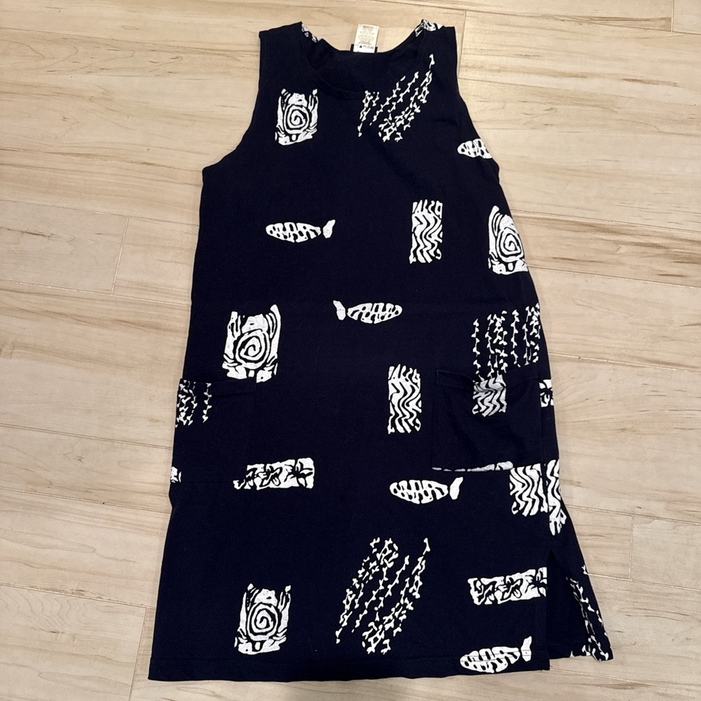 90S MOM Classic IG Sport Vintage Navy & White Fish Print Shift Dress 🐟 🐢 Coastal